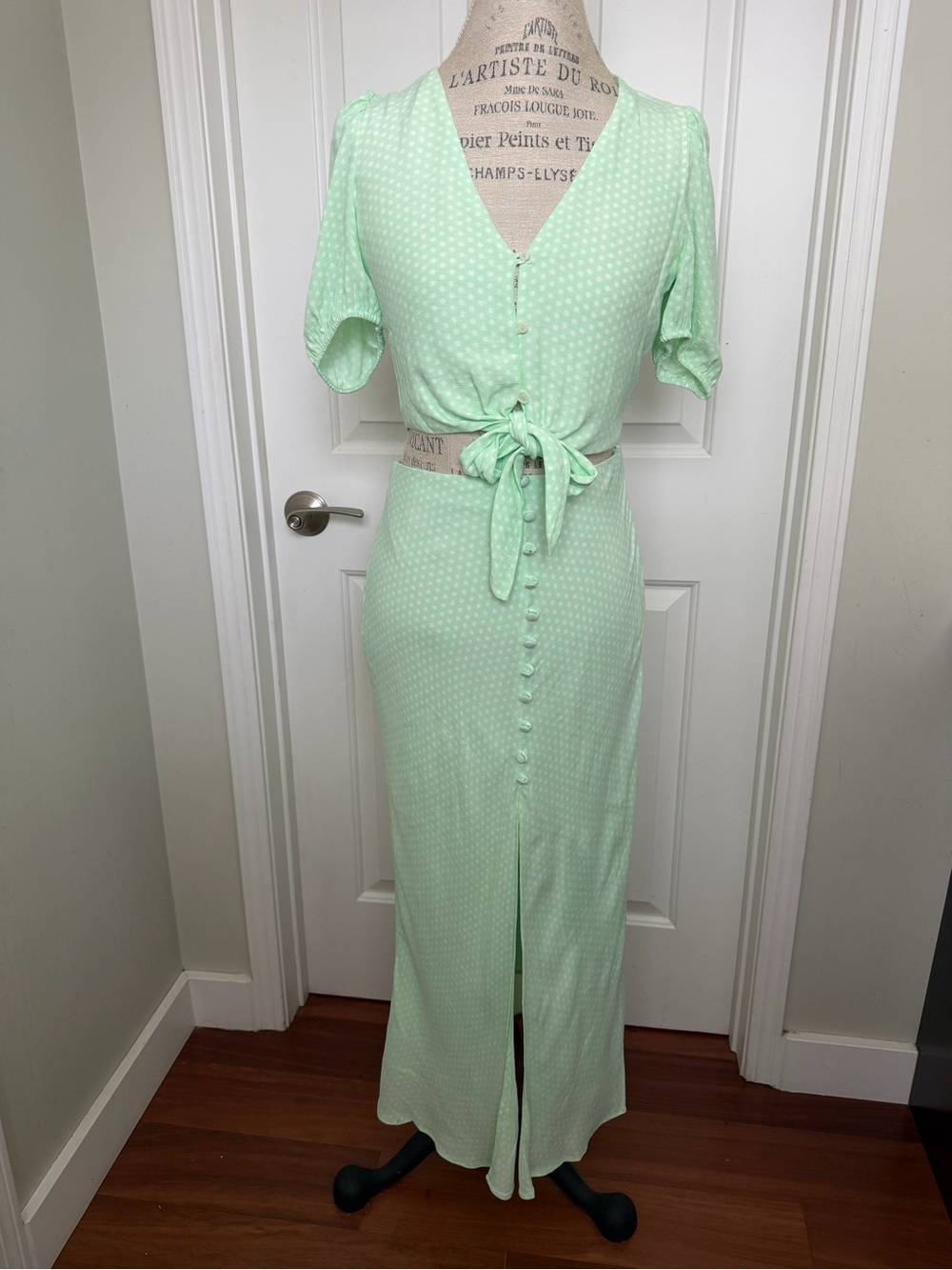 Zara Mint Polka-Dot Tie-Waist Midi Dress